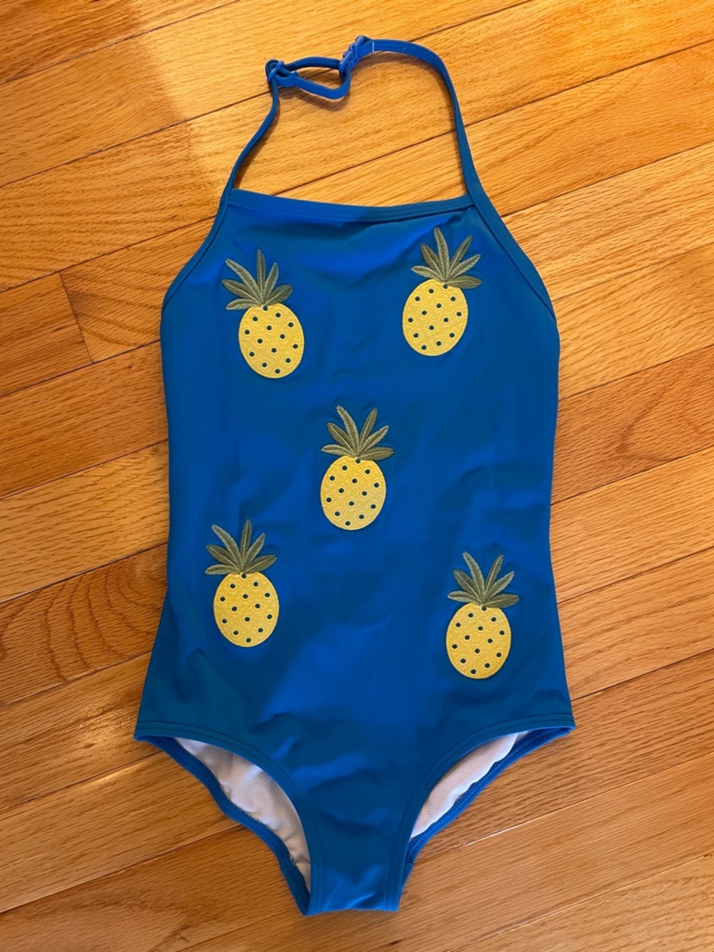 Mini Boden Blue Halter One-Piece with Yellow Pineapple Appliqués
